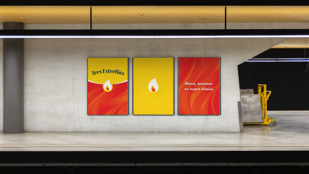 Posters in a metro station showing the new design for Tres Estrellas.